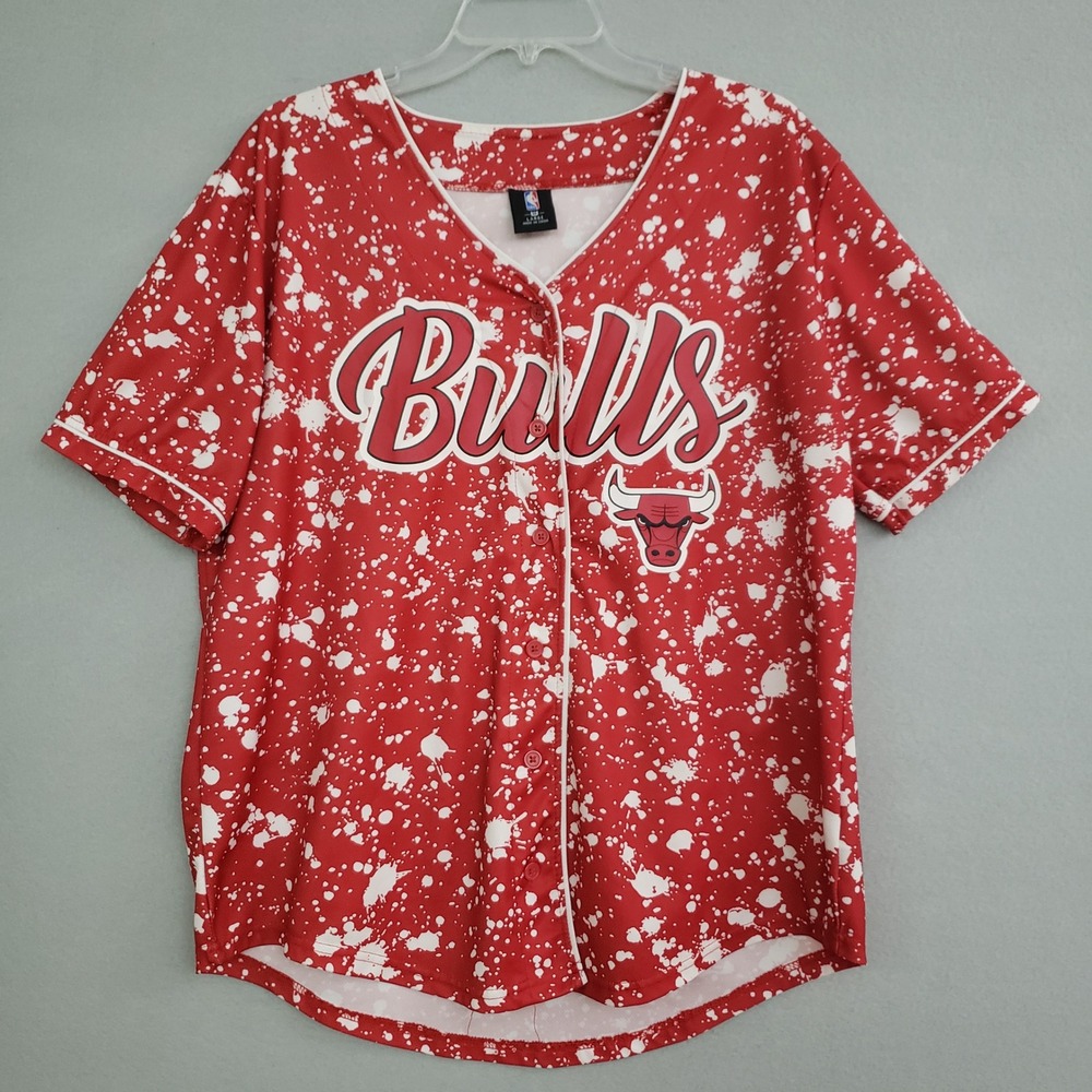NBA Mens Large Basketball Jersey Red Chicago Bulls Paint Splatter Button Up